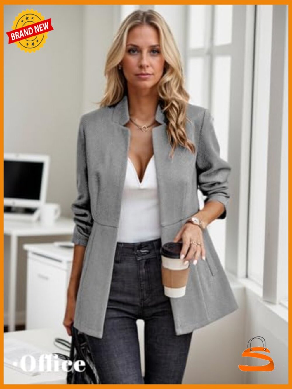 Herringbone Tweed Blazer Jacket - Fully Lined Open Front Work Office Coat with - Picture 5 of 7